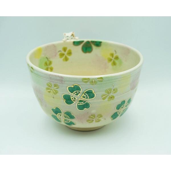 茶道具 茶碗 茶碗 色絵 クローバーと猫 東山深山 化粧箱 : 新古茶道具