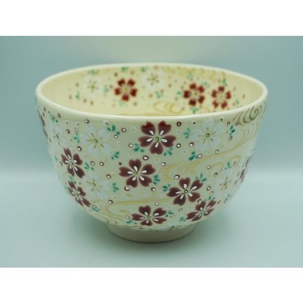 抹茶茶碗 色絵 小紫　福本未来　共箱入　茶道具　茶盌　茶器　京焼　伝統工芸品 茶道具 茶碗 茶碗 色絵 流水に桜 福本未来 桐箱 : 新古茶道具 さかい