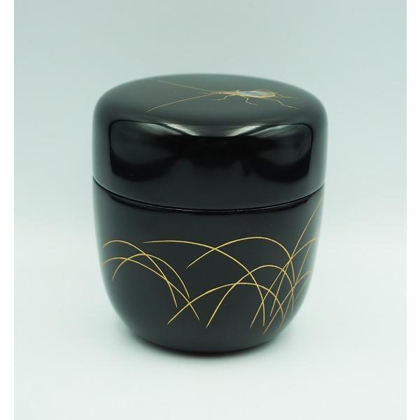 茶道具 黒漆 仁作 柳蒔絵 中棗 共箱 V 7116 茶道具 黒漆 仁作 柳蒔絵