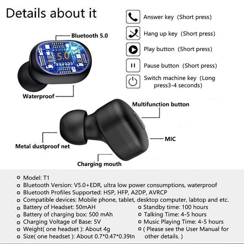 イヤホン ワイヤレス マイク ミニ T1 TWS V5.0 Bluetooth  3D ポータブル HiFi ディープベース サウンド デュアルヘッドセット｜saka-store｜04