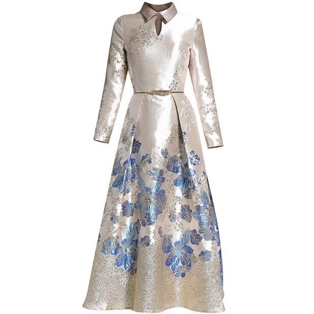 パーティドレス 秋 レトロ ラペル 長袖 ブルー フラワー ジャカード スリム エレガント ロングドレス