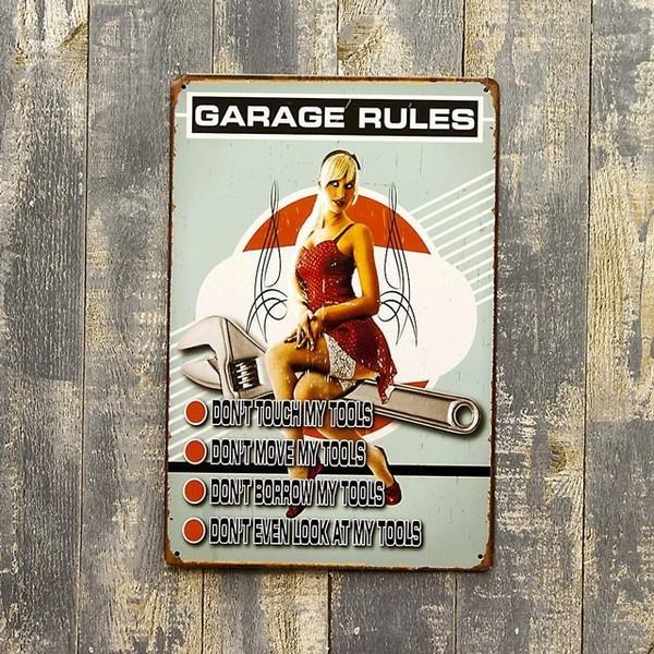 ブリキ看板 ピンナップガール サインプレート アメリカ看板 アメリカ雑貨 アメリカン ガレージグッズ Garage Rules メール便対応可 高品質の人気