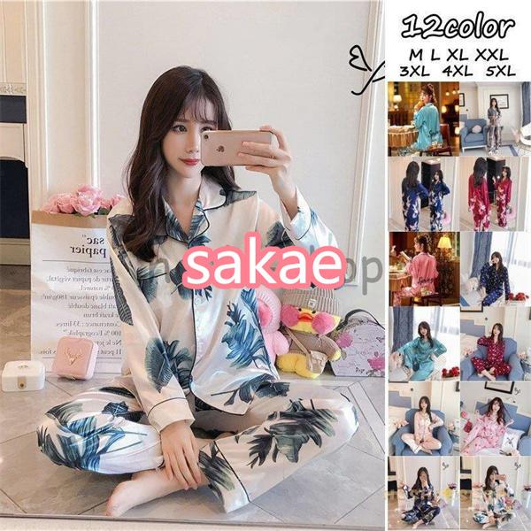 パジャマ 上下セット 春秋 長袖 シルク調サテン地 パジャマ レディース 襟付き ルームウェア トップス ボトムス 部屋着 寝間着 送料無料