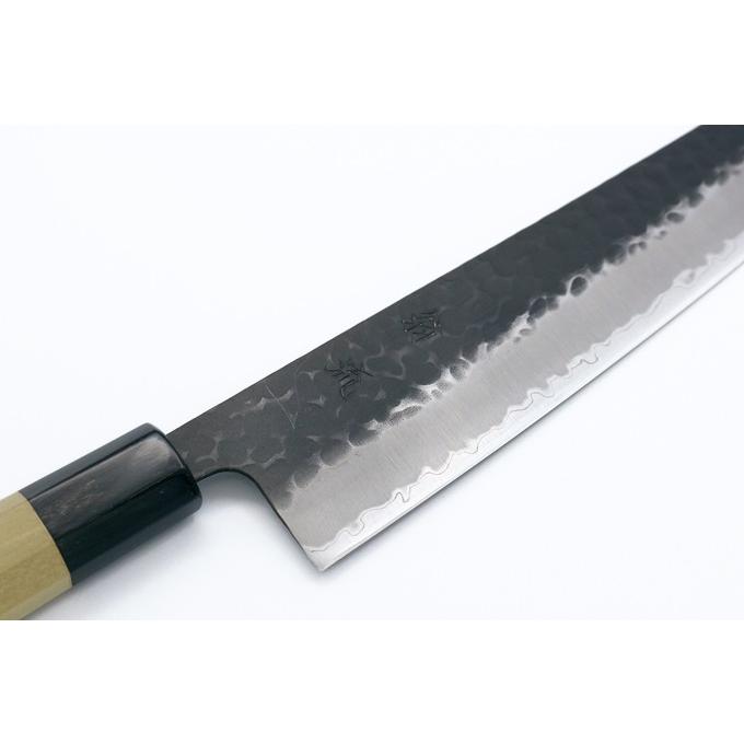 青紙スーパーステン割込　黒打槌目牛刀　黒柄　穂岐山刃物　土佐刃物 加藤義実 切付牛刀 包丁 青紙スーパー鋼 ステンレスクラッド 黒
