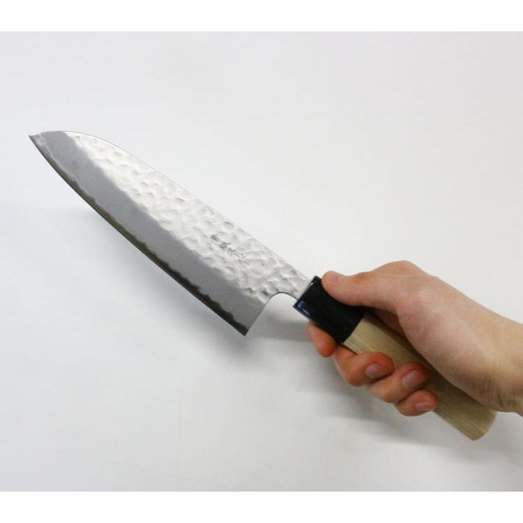 翁流 青紙スーパー ステンレス本割込 磨き 槌目 三徳 朴八角柄