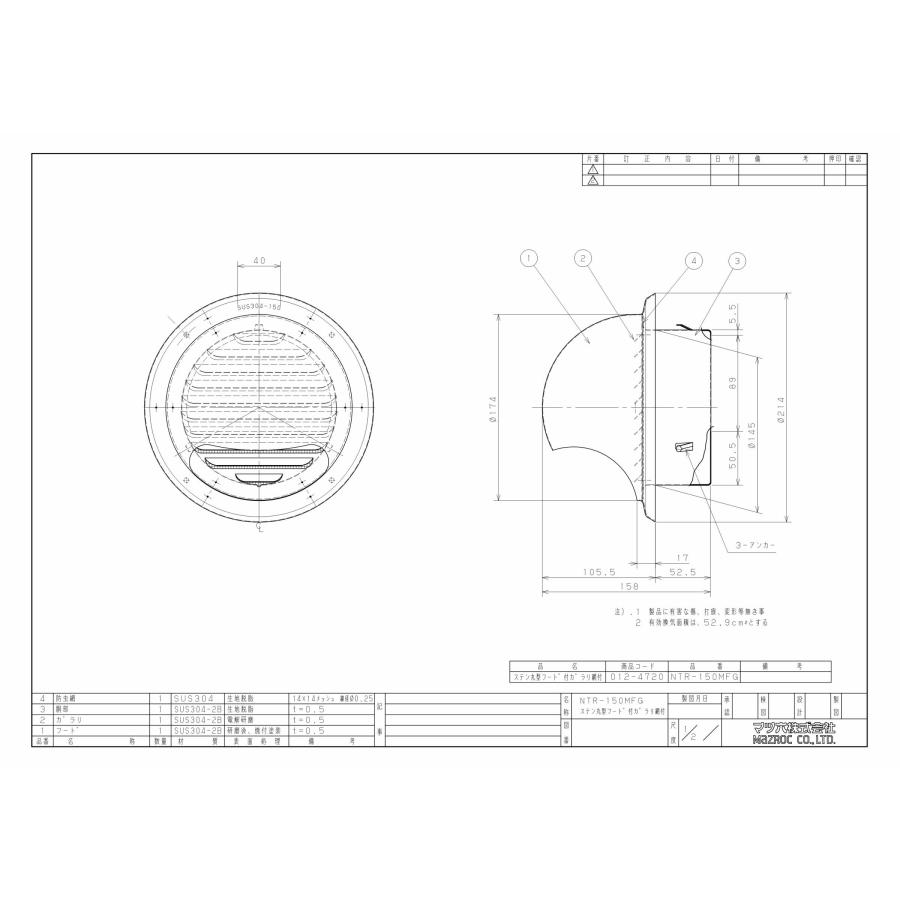 マツ六 ステン丸型フード付ガラリ NTR−150MFG : 佐勘
