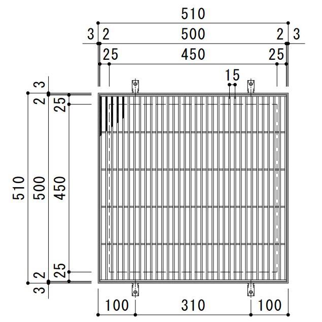 カネソウ　SUSグレーチング　滑り止め模様付集水桝用　(SMQW-5550-P=15　本体のみ)すきま11mm　寸法：500×500×50