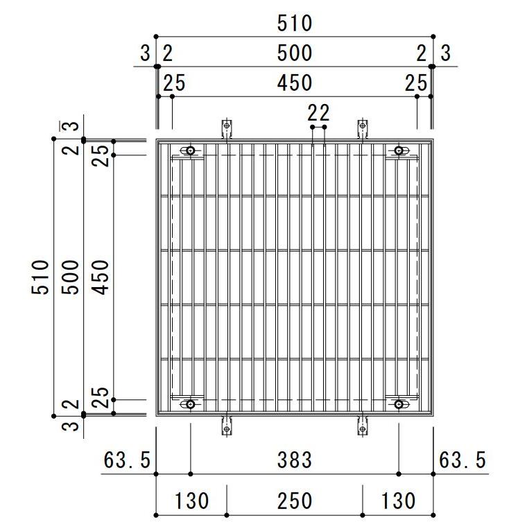 SUSグレーチング　落葉助っ人バスケット付ボルトキャップ付ボルト固定式プレーンタイプ集水桝用(SMWL-DC-5550-P=22枠付　DK-450-S)隙間18　寸法:500×500×50