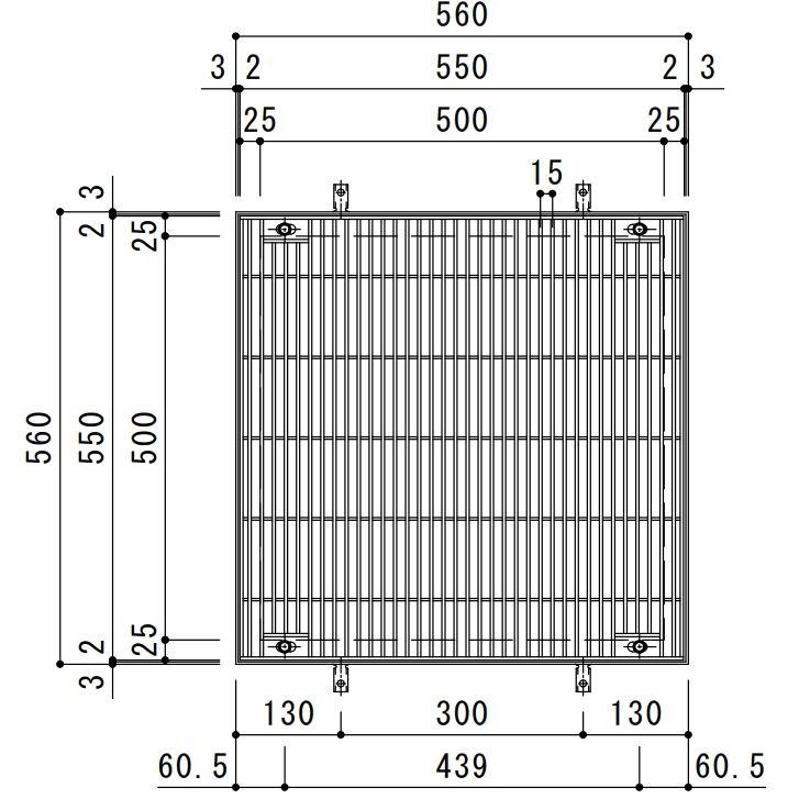 SUSグレーチング　落葉助っ人バスケット付ボルトキャップ付ボルト固定式プレーンタイプ集水桝用(SMWL-DC-5550A-P=15枠付　DK-500-S)隙間11　寸法:550×550×50