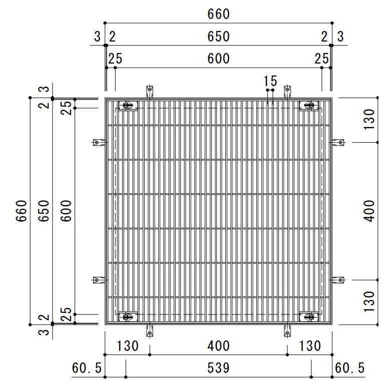 SUSグレーチング　落葉助っ人バスケット付ボルトキャップ付ボルト固定式プレーンタイプ集水桝用(SMWL-DC-6550A-P=15枠付　DK-600-S)隙間11　寸法:650×650×50