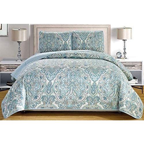 115" X 95" 3-Piece Fine Printed Oversize Quilt Set Reversible Bedspread Coverl 