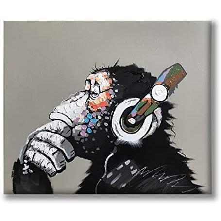 楽天ランキング1位 日本画 To Listening Monkey Thinking Gorilla Funny Art Pop Painted Hand 100 Canvas On Painting Oil Ape Cool Yatehui Music He With 新しいコレクション Applefaces Co