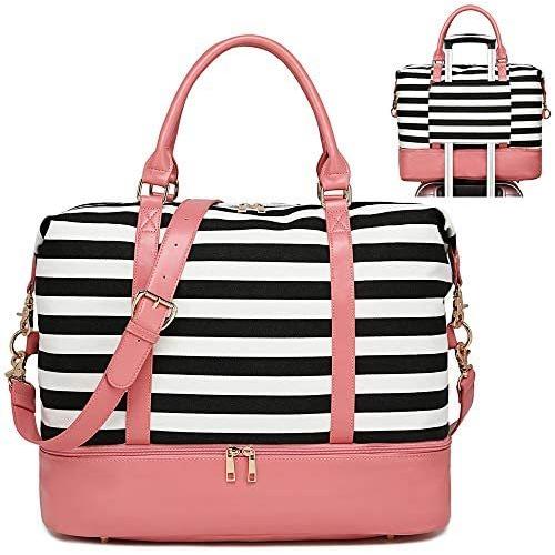 定番のお歳暮 Womens Compartment) Shoe with Stripe Black Leather (Pink Bag Tote Beach Duffel Weekender on Carry Overnight Canvas Bag Weekend Travel ダッフルバッグ