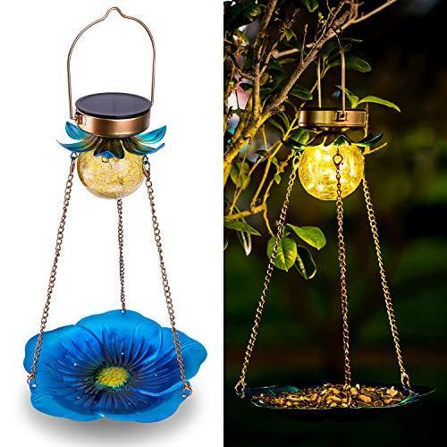 Birdream Solar Bird Feeder for Outside Hanging Metal Platform Wild Bird Feeders Seed Tray Crackle Glass Ball Lights Outdoor Waterproof Garde 野鳥の餌台