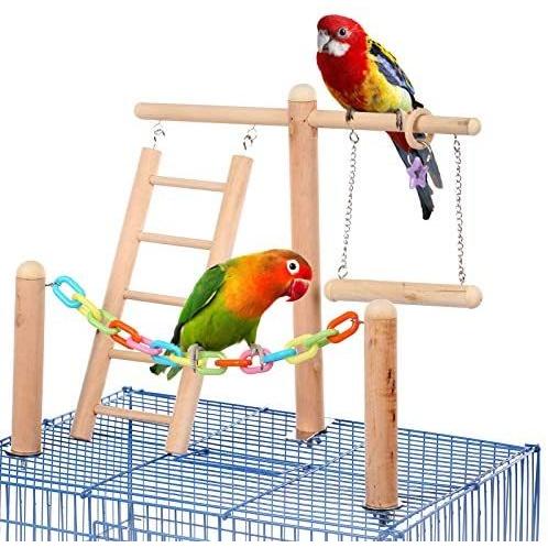 ☆国内最安値に挑戦☆ 大放出セール SAWMONG Wooden Bird Play Stand Perch Set Training with Climbing Ladder Parrot Playground Birdcage Swing Toy for Parakeets Cockatiel mac.x0.com mac.x0.com