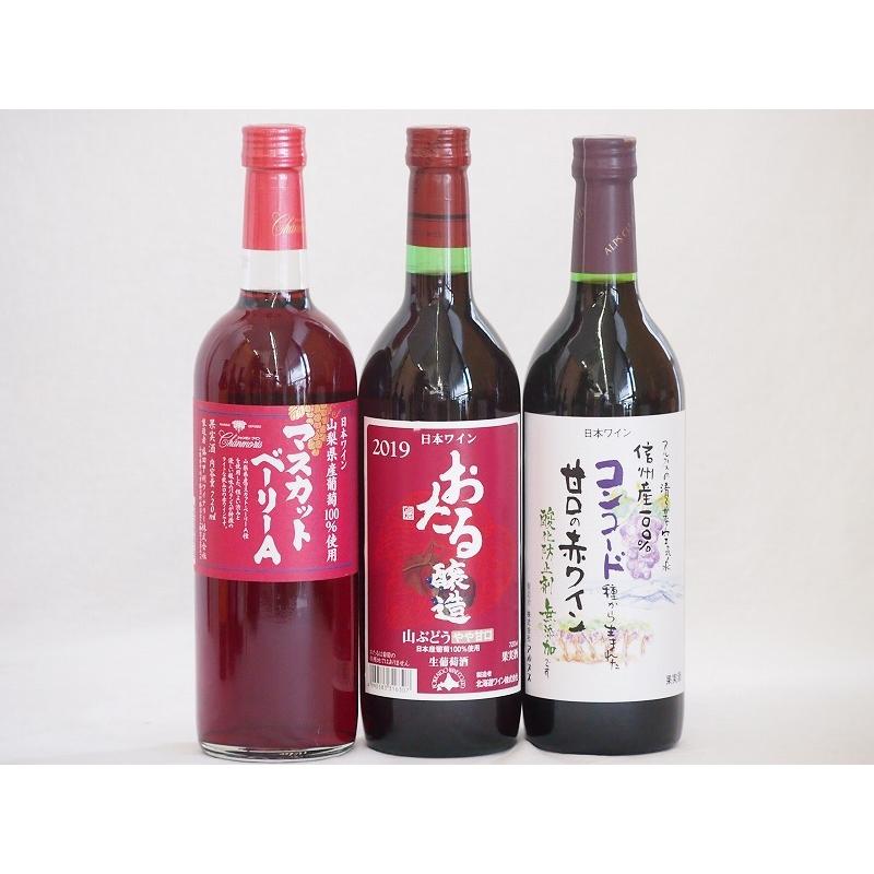 国産赤ワイン3本セット おたる醸造 生葡萄酒 山ぶどう やや甘口 山梨県マスカットベーリーa赤ワイン 信州コンコード甘口赤ワイン 7ml 3本 配送員設置送料無料