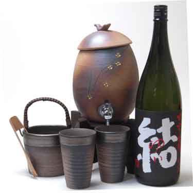 信楽焼・明山窯 焼酎サーバー 火色金小紋 2200cc(専用木台付き)+萬古 