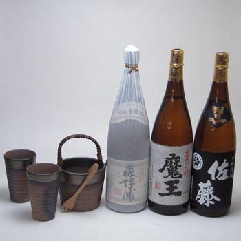 豪華酒器セット陶芸作家 安藤嘉規作（本格芋焼酎3本セット 森伊蔵1800ml 魔王1800ml 佐藤黒1800ml）焼酎ギフト｜sake-gets