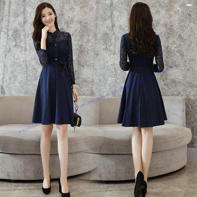 ワンピース 膝丈 レディース Aラインワンピース レース シャツワンピ 長袖 フォーマル ワンピース ミディアム丈 入学