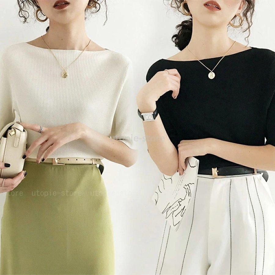 限定価格セール Vネック サマーニット カットソー 半袖 リブニット レディース Tシャツ 五分袖 ボートネック おしゃれ オフィスカジュアル 夏トップス 春 五分 七分袖 サイズ ラウンドネック Www We Job Com