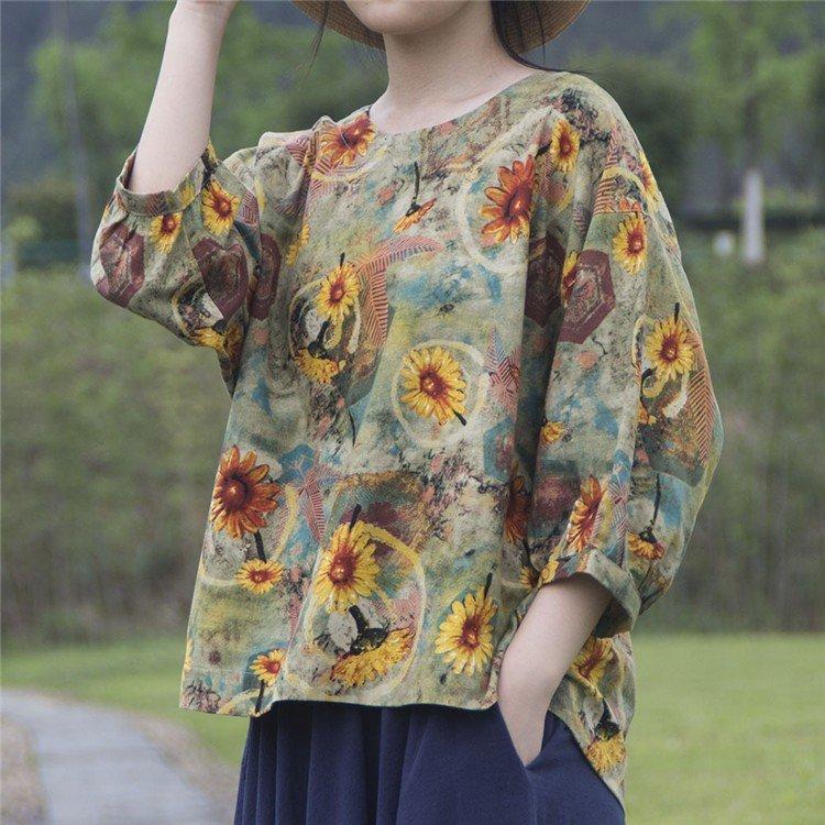 ブラウス 七分袖 レディース 綿麻混風 シャツブラウス Tシャツ トップス ゆったり 大きいサイズ プルオーバー 通勤 体型カバー 夏 秋 コーデ 花柄 30代 40代 史上最も激安