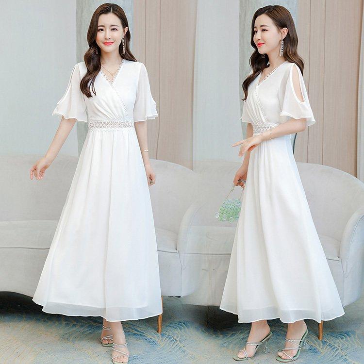 ワンピース レディース 40代 キレイめ マキシワンピース 春夏 半袖ワンピース白 シフォン 肩あき フレアスカート オシャレ結婚式ドレス 大人可愛い30代 50代 激安本物