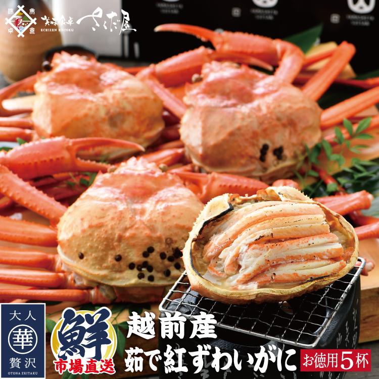 訳あり 越前産 茹で紅ズワイガニ姿たっぷり５杯 1杯600 800g 獲れたて浜茹で即日発送 冷蔵便 信頼