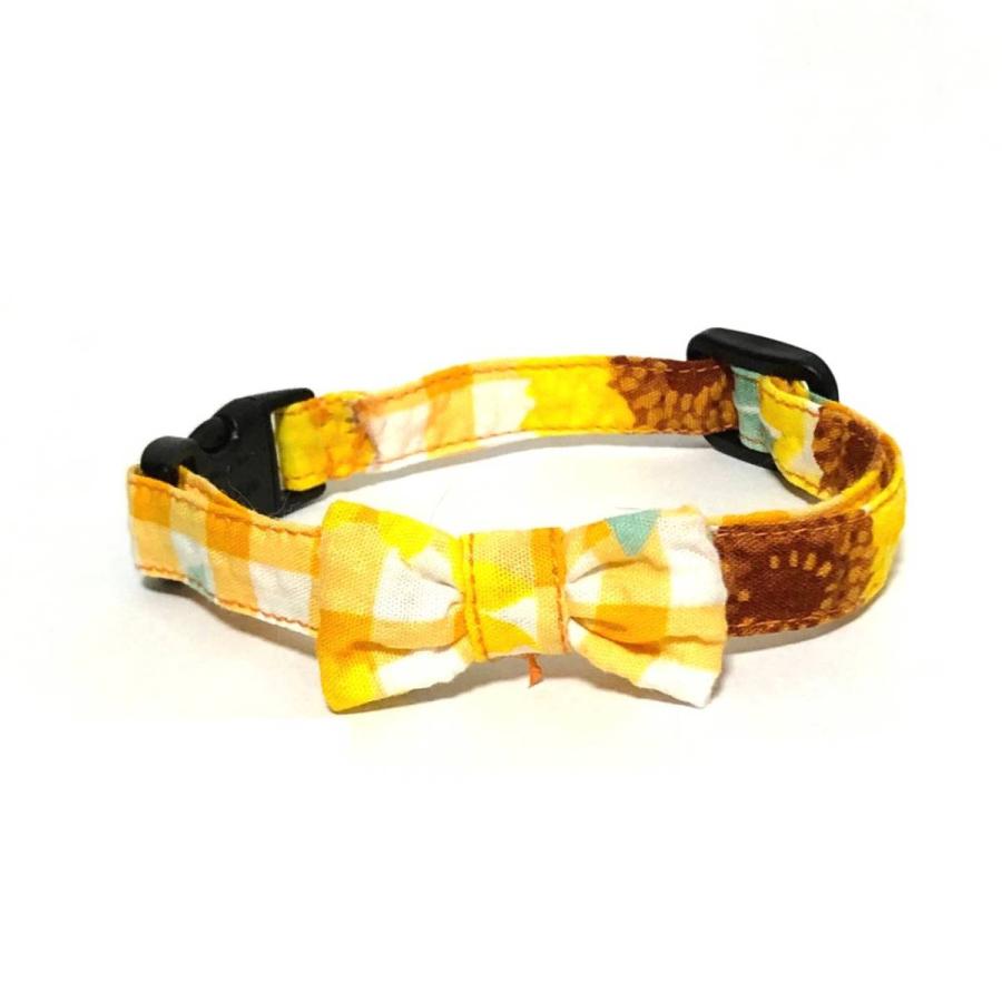 紫陽花柄(黄色)わんちゃん猫ちゃん用襟付き首輪 リボン付き猫首輪【黄色ドット×ストライプ花柄】