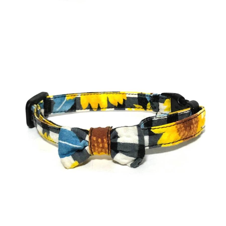 紫陽花柄(黄色)わんちゃん猫ちゃん用襟付き首輪 リボン付き猫首輪【黄色ドット×ストライプ花柄】