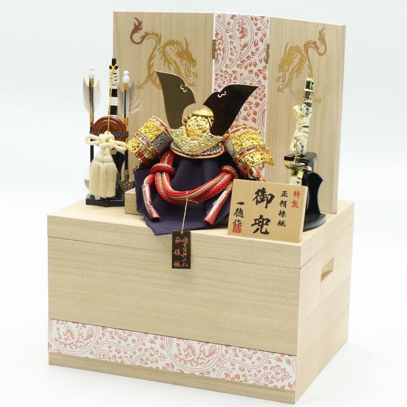 五月人形 兜飾り収納飾 一徳作 8号 白木朱龍金彩 2024-yb104 幅37cm