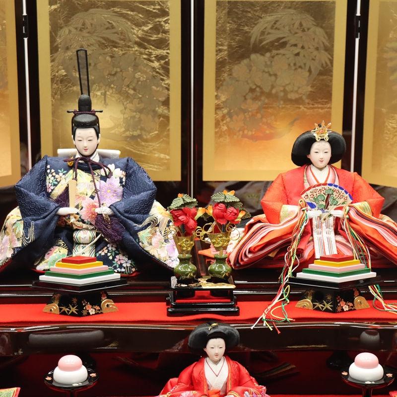 雛人形 段飾り 柚月 千匠 小十親王 五寸官女 桜刺繍 会津曙塗り三段