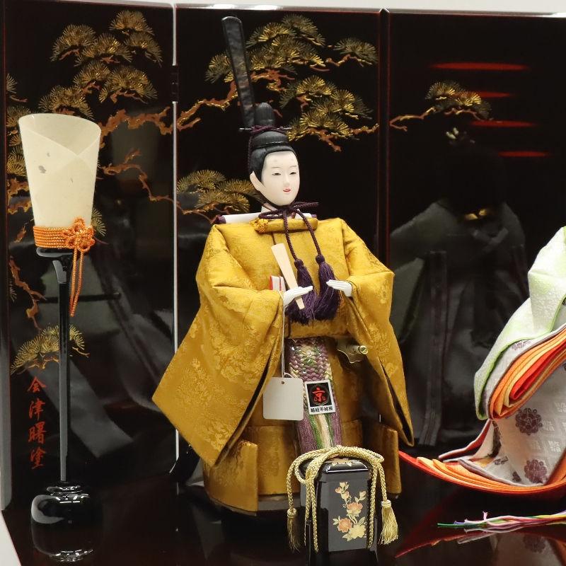 雛人形 親王平飾り 冴 道翠 十番 立雛親王 黄櫨染正絹 曙塗り羽衣屏風 2024-yg166 幅70cm 平飾_7
