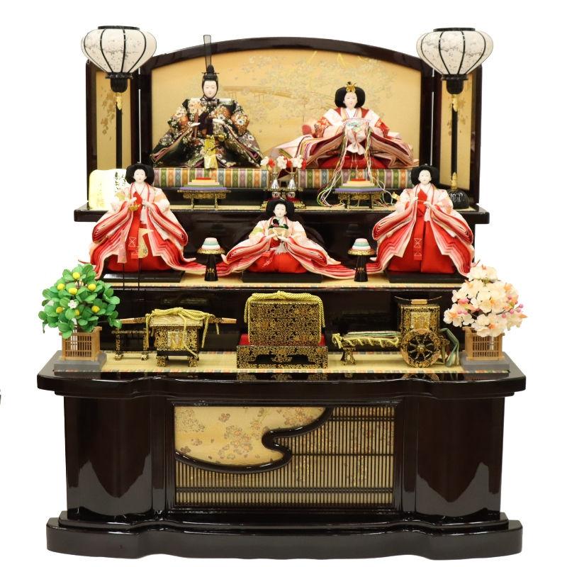 優徳五人飾り雛 段飾り雛 雛人形 未使用 雛人形 段飾り 京極 七番/大三五 五人 花梨塗り金彩桂橋屏風 2025
