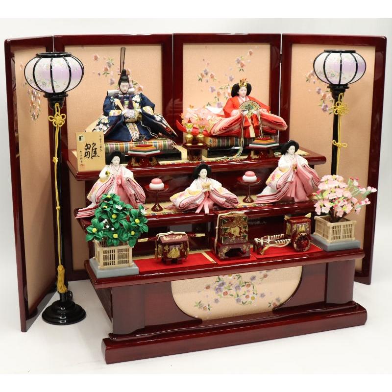 雛人形 段飾り 春菜 十番親王 小三五官女 雪輪桜刺繍 春慶塗り落とし屏風辻が花 2025-yg005 幅140cm 三段飾_3