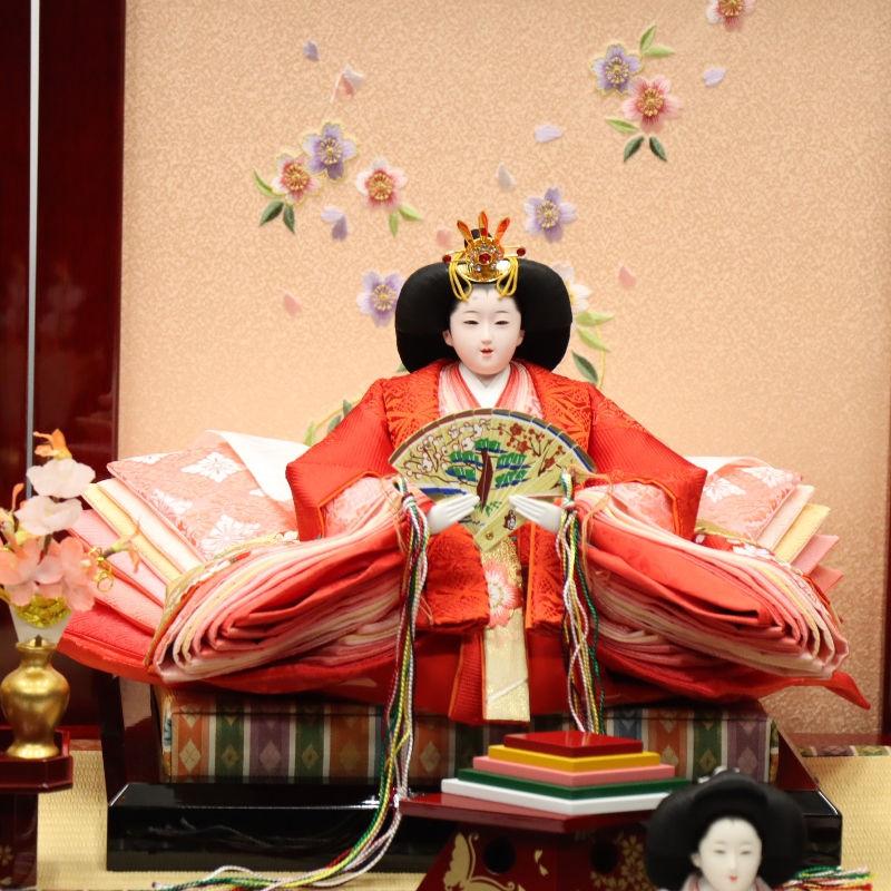 雛人形 段飾り 春菜 十番親王 小三五官女 雪輪桜刺繍 春慶塗り落とし屏風辻が花 2025-yg005 幅140cm 三段飾_6