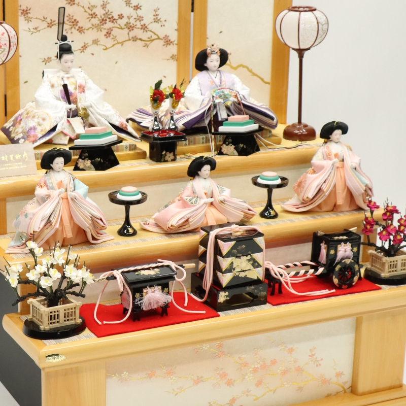 雛人形 段飾り 金雪輪に桜 田村芙紗彦 京十番親王 芥子官女 雪輪桜刺繍 京洛和紙桜屏風 2025-yg007 幅80cm 三段飾_14