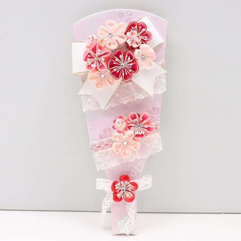 羽子板 壁掛 ケース飾り 結愛 9号サイズ 高さ33cm つまみ細工（赤） 自立タイプ アイボリー塗りの画像