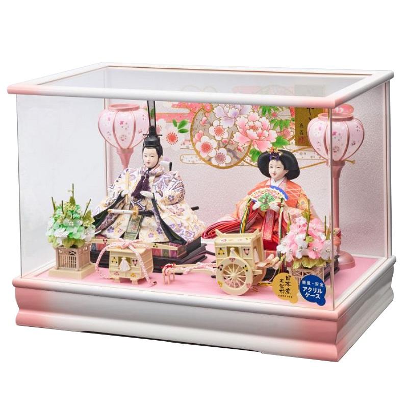 雛人形ケース飾り 桃姫三五 親王飾り幅53cm彩色塗アクリルケース