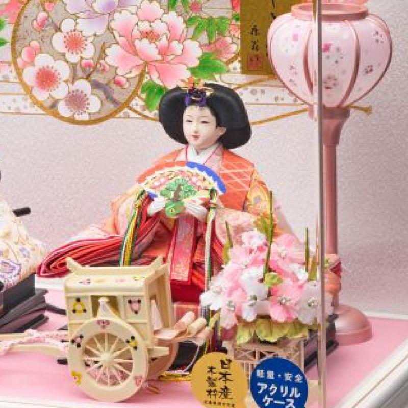雛人形ケース飾り 桃姫三五 親王飾り幅53cm彩色塗アクリルケース