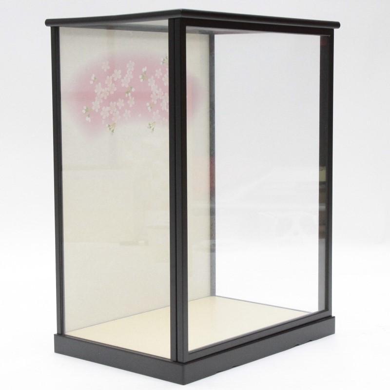 人形ケース　ガラスケース　空 アウトレット品 人形ケース単品空ケース 黒塗 前開き 桜バック22a-ya