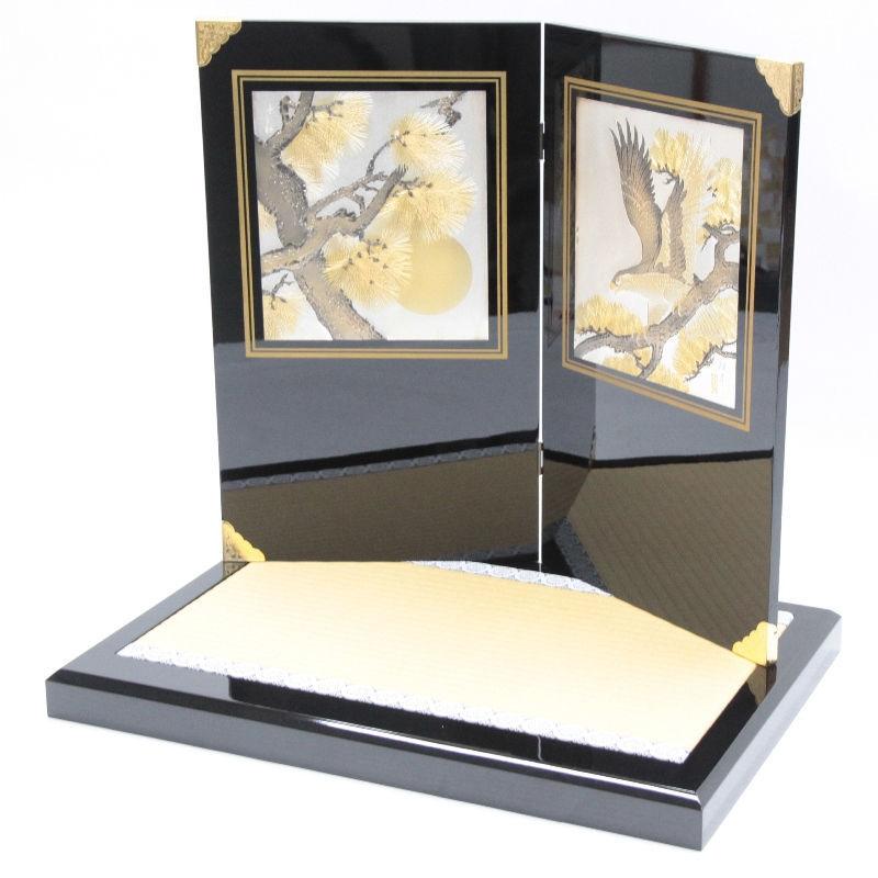 アウトレット品 五月人形平飾台 屏風・台セット 20号 黒塗 彫金松鷹