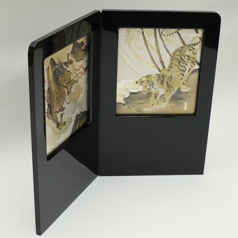 アウトレット品 屏風 屏風のみ 52cm 二曲屏風 彫金龍虎 黒塗 M12 H1