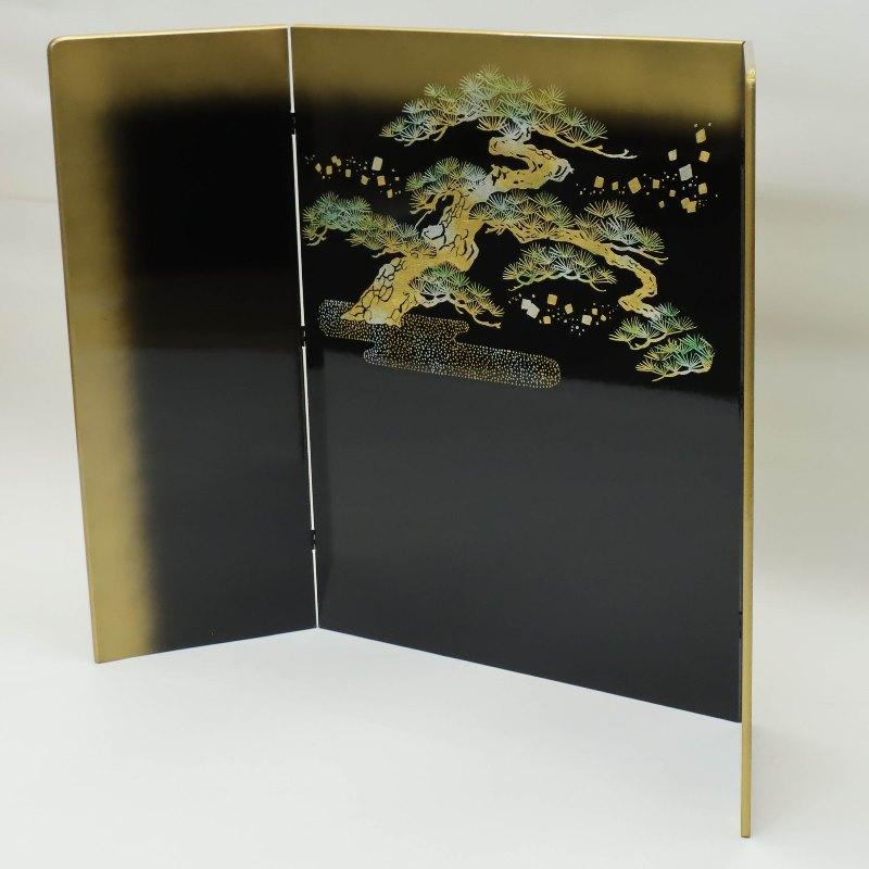 御屏風　12号　五月三曲枠屏風　新箔押　BE0223 519512 アウトレット品 屏風 屏風のみ 12号 三曲屏風 黒塗り高台屏風 松
