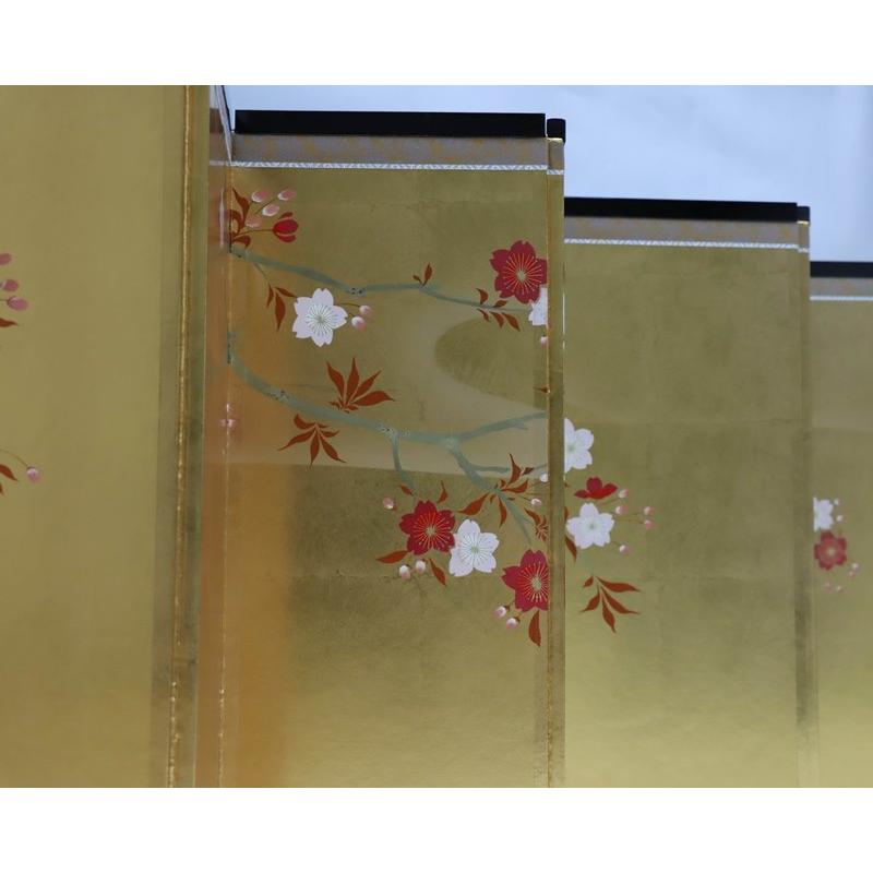 四つ折り屏風 日本画 金箔彩色 花見遊山 四つ折り屏風 日本画 金箔彩色