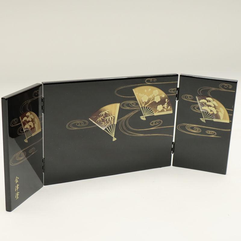アウトレット品 屏風 単品 19cm 流水扇子松竹梅 三曲屏風 黒 24a-ya