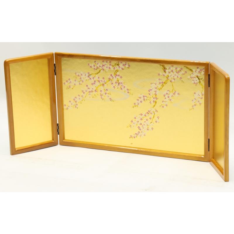 三曲金屏風　桜　高さ27.5cm アウトレット品 屏風 単品 12号 金彩桜雲 三曲屏風 木肌 24a-ya