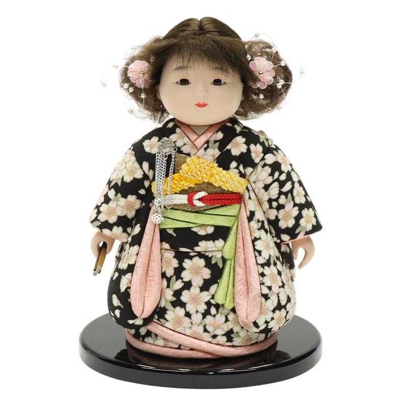 アウトレット品 雛人形 市松人形 小 木目込み人形 黒 パーマ 友禅 25a