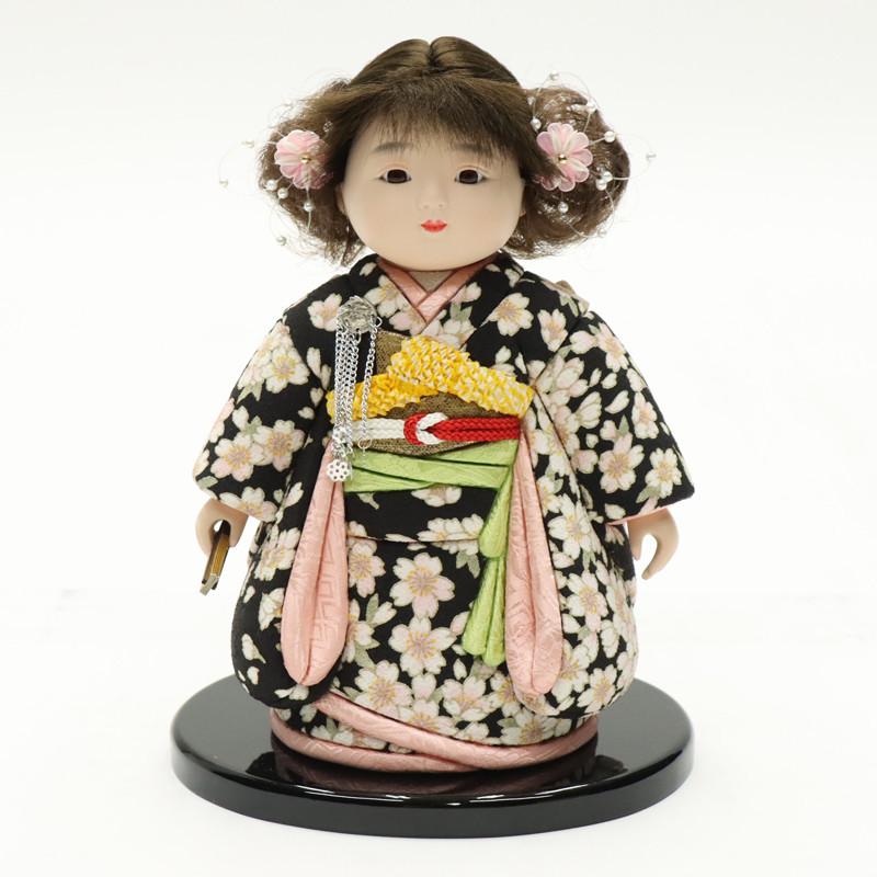 アウトレット品 雛人形 市松人形 小 木目込み人形 黒 パーマ 友禅 25a