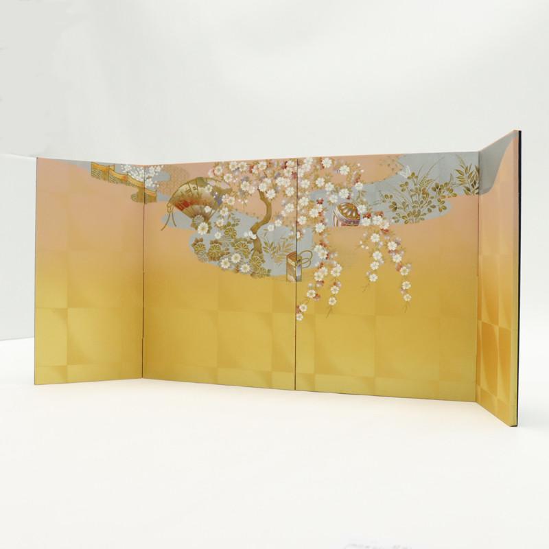 アウトレット品 インテリア 屏風単品 13号 古典桜 包貼 四曲屏風 25a