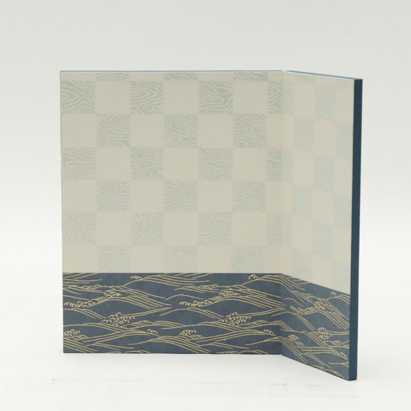 アウトレット品 インテリア 屏風単品 38×29 市松・紺波 片袖二曲屏風 25a-ya-0127の画像